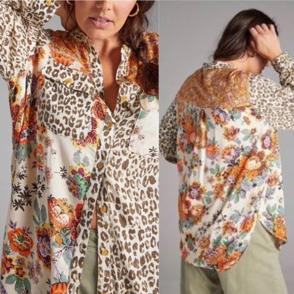 Anthropologie Multi pattern oversized tunic top. Neru neck, long sleeve shirt - Picture 5 of 9
